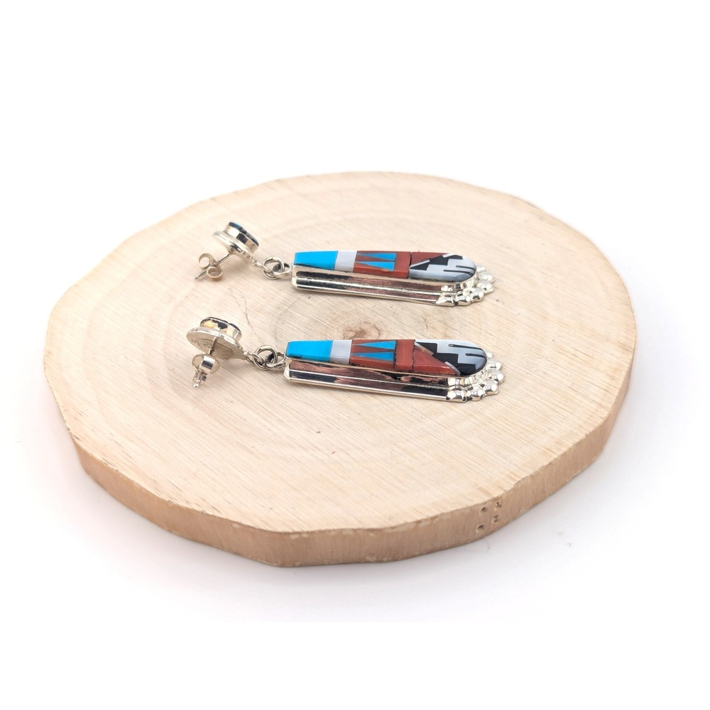 Zuni Multi Stone Inlay Turquoise Drop Earrings Native American Sterling Jewelry* - Picture 9 of 12